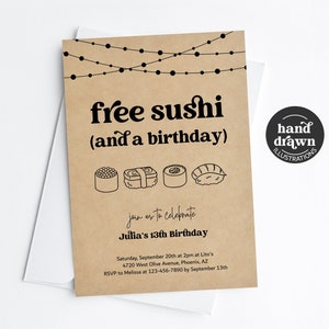 Modèle d'invitation de fête d'anniversaire sushi, imprimable amusant amusant thème de fête sushi gratuit fille garçon homme femme inviter Evite téléchargement numérique Kraft