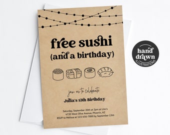 Sushi Birthday Party Invitation Template, Printable Fun Funny Free Sushi Party Theme Girl Boy Man Woman Invite Evite Download Digital Kraft