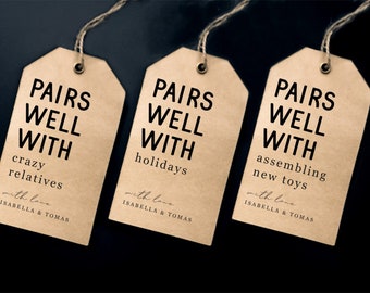 Printable Pairs Well with Wine Tag Template, Funny Wine Bottle Tag, Christmas Holiday Girls Trip Gift, Instant Download Digital File DIY PDF