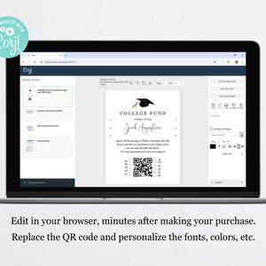 May include: A black and white printable sign with a graduation cap and the text "COLLEGE FUND supporting Jacob Augustine". The sign also includes a QR code and the text "CLASS OF 2023".