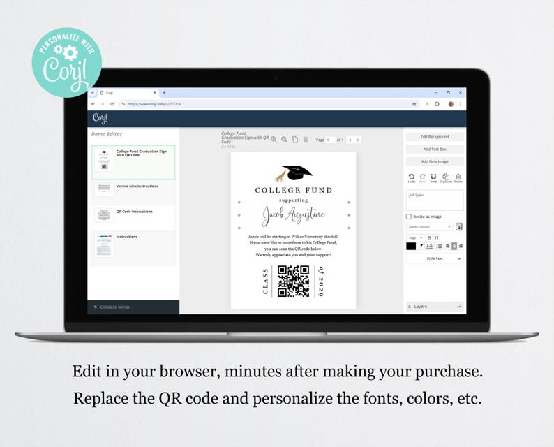 May include: A black and white printable sign with a graduation cap and the text "COLLEGE FUND supporting Jacob Augustine". The sign also includes a QR code and the text "CLASS OF 2023".