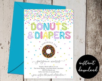 Donuts and Diapers Sprinkle Invitation Template, Printable Gender Neutral Baby Shower Party Invite & Evite, Instant Download Digital File