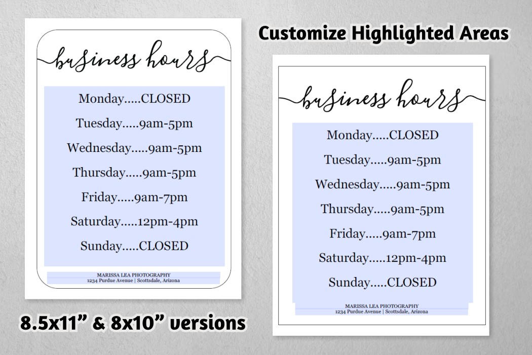 Business Hours Sign Printable Template Hours Of Operation Etsy