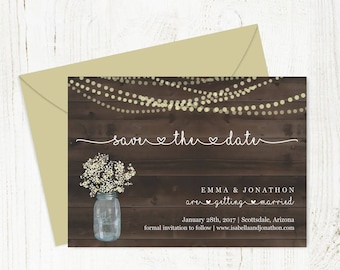 Save the Date Card Printable Template - Rustic Mason Jar w Baby's Breath & String Lights on Wood | Instant Download Digital File DIY PDF