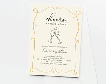 Cheers Birthday Party Invitation Template, Printable Hand Drawn Wine Champagne 21st 21 30th 30 40th 40 50th 50 60th 60 Years Surprise