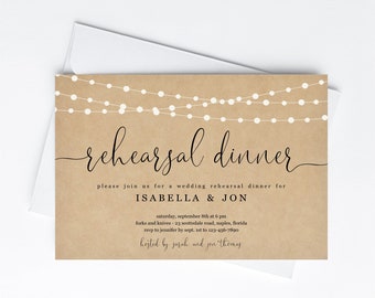 Rehearsal Dinner Invitation Template, Rustic Kraft Paper Background with Fairy String Lights Invite Instant Download Digital File PDF