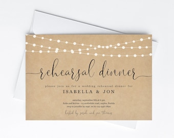 Rehearsal Dinner Invitation Template, Rustic Kraft Paper Background with Fairy String Lights Invite Instant Download Digital File PDF