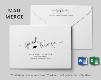 Graduation Address Envelope Template Microsoft Word Mail Merge, Printable Class of 2024 Grad Calligraphy Instant Download Digital File A7 A9