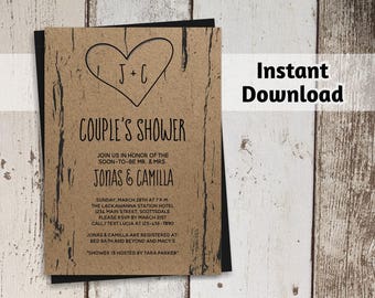 Printable Couples Shower Invitation Template - Bridal, Wedding, Rustic Tree, Carved Initials, Kraft Paper, Instant Download Digital File PDF