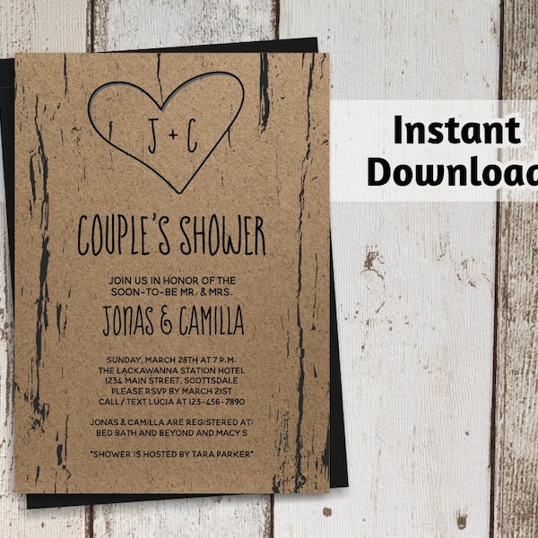 Printable Couples Shower Invitation Template - Bridal, Wedding, Rustic Tree, Carved Initials, Kraft Paper, Instant Download Digital File PDF