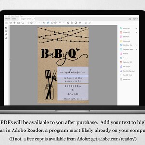 May include: A digital image of a printable baby shower invitation. The invitation is a light brown color with a black and white illustration of a grill, spatula, and a jar. The text on the invitation reads "BaByQ" and "welcome in honor of the parents to be Isabella & Jonah March 24th, 2023".
