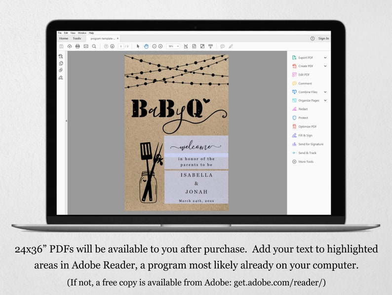 May include: A digital image of a printable baby shower invitation. The invitation is a light brown color with a black and white illustration of a grill, spatula, and a jar. The text on the invitation reads "BaByQ" and "welcome in honor of the parents to be Isabella & Jonah March 24th, 2023".