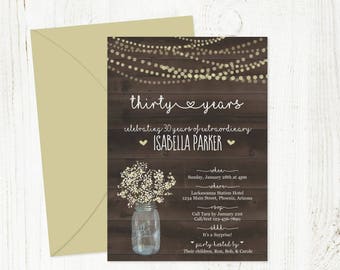 Printable Birthday Invitation Template for Women / Woman - Rustic Wood Mason Jar Download 16th 21st 30th 40th 50th 60th 70th 80th 90th 100th