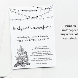 May include: Black and white printable invitation for a backyard bonfire. The invitation features a string of lights, a campfire, and the text "backyard bonfire", "celebrating the season hosted by THE MARTIN FAMILY", "Join us for a bonfire, good food and good company. Sunday, March 28th at 7 p.m. The Lackawanna Station Hotel 1234 Main Street, Scottsdale, Arizona Please RSVP by March 21st Call or text Lucia at 123-456-7890 Kids are welcome!" and "Print on kraft paper or any other color card stock."
