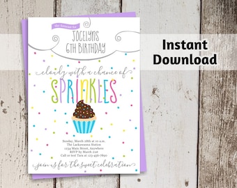 Cupcake Invitation - Girls Party Printable Template - Birthday Forecast - Cloudy with a Chance of Sprinkles - Instant Download Digital File