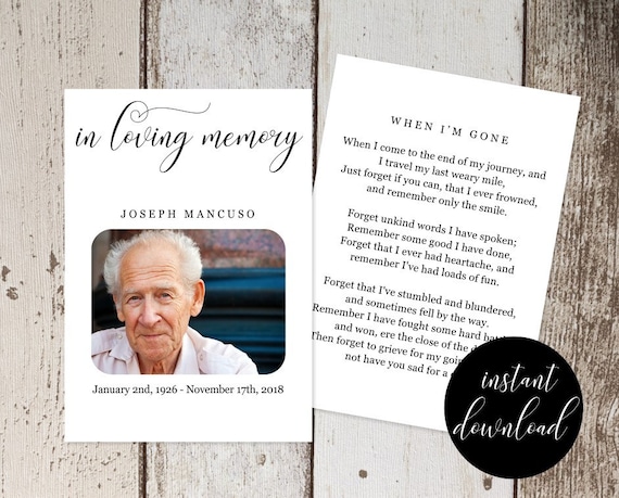 Funeral Prayer Card Template Printable Memorial Service Etsy