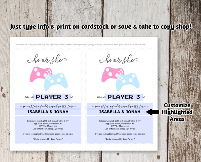 Videogames Gender Reveal Uitnodiging Download - Speler 3 Hij of Zij Game Controllers - Afdrukbare sjabloon - Instant Digitaal Bestand - 5x7 afbeelding 2