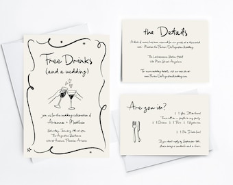 Free Drinks and a Wedding Invitation Template, Printable Fun Wine Cocktails Doodles Suite, Funny Details RSVP Set, Download Digital Files