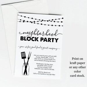 May include: A black and white printable invitation for a neighbourhood block party. The invitation features a string of lights, a spatula and a fork, and a mason jar. The text reads "neighbourhood block party join us for good food & great company". The invitation also includes details about the party, such as the date, time, and location. It also suggests printing the invitation on kraft paper or any other colour card stock.