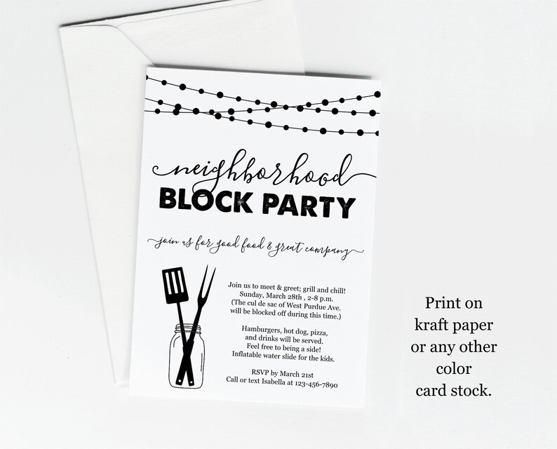 May include: A black and white printable invitation for a neighbourhood block party. The invitation features a string of lights, a spatula and a fork, and a mason jar. The text reads "neighbourhood block party join us for good food & great company". The invitation also includes details about the party, such as the date, time, and location. It also suggests printing the invitation on kraft paper or any other colour card stock.