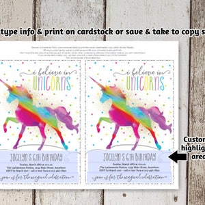 Unicorn Invitation Printable Rainbow Unicorn With Gold Glitter Invite Template for Girls ...