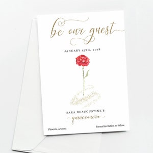 Modello di biglietto salva la data di Quinceañera La Bella e la Bestia, mela cotogna stampabile, rosa rossa, download immediato del file digitale PDF