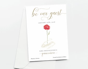 Beauty & the Beast Quinceañera Save the Date Card Template, Printable Quince Be Our Guest Red Rose, Instant Download Digital File PDF