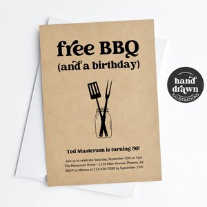 Modèle d'invitation de fête d'anniversaire barbecue, imprimable amusant drôle gratuit homme femme fille garçon invite Evite téléchargement numérique Kraft 30e 40e 50e 60e