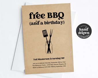 BBQ Birthday Party Invitation Template, Printable Fun Funny Free Man Woman Girl Boy Invite Evite Download Digital Kraft 30th 40th 50th 60th