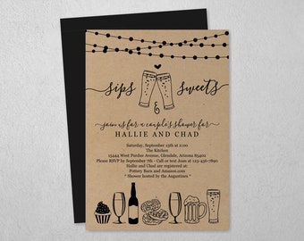 Sips & Sweet Couple Shower Invitation Template, Beer and Dessert Bridal Wedding Rehearsal Dinner Engagement Party Invite Instant Download