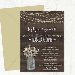 Wedding Anniversary Invitation - Rustic Printable Party Template Mason Jar, Wood - Instant Download - 5th 10th 20th 25th 30th 40th 50th 60th