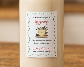 Homemade Eggnog Label - Set of 15 Personalized Spiked Aged Boozy Egg Nog Doodle Gift or Favor Stickers - Water & Oil Resistant