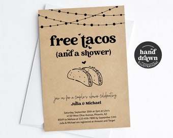 Free Tacos Funny Couple's Shower Invitation Template, Fun Printable Wedding Bridal Shower Mexican Fiesta Invite Evite, Download Digital File