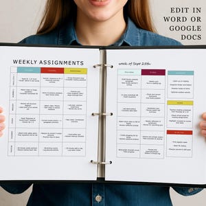 May include: A black binder displaying a weekly assignment sheet. The sheet features a grid with colour-coded columns for each day. The text "Weekly Assignments" is at the top. The text "Edit in Word or Google Docs" is also visible.