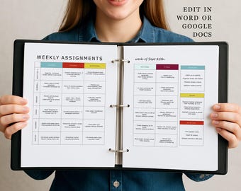 Editable Weekly Assignment Tracker, Printable 2 Page Template, Homeschool High School ADHD Agenda Planner for Microsoft Word & Google Docs