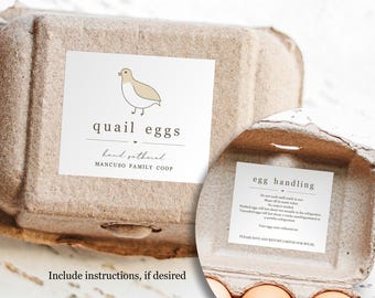 Quail Egg Carton Labels and Handling Instructions - Set of 9 (18 in all) Personalized Farm Fresh Egg Stickers - Water & Oil Resistant