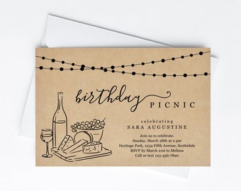 Woman Birthday Picnic Invitation Template, Rustic Wine Tasting Party Kraft Paper, Invite & Evite Instant Download Digital File Park Backyard