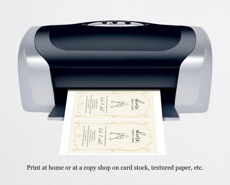 May include: Two printable wedding invitation cards with a gold border and a champagne glass graphic. The text on the cards reads "Cheers, Twenty Years!" and "Did I tell you I love you?"