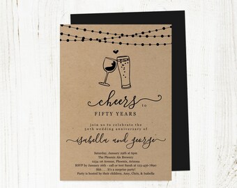 Cheers Wedding Anniversary Party Invitation Template, Wine Brew Beer Invite Instant Download Digital File Kraft 25th 25 40th 40 50th 50 Year