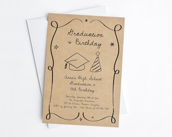 Graduation and Birthday Invitation Template, Printable Hand Drawn Joint Party Download, Digital File, 8th Grade, 18th Birthday High School
