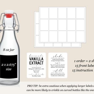 May include: A clear 237 ml glass jar with a swing-top lid featuring a red rubber seal, accompanied by two sheets of rectangular labels. The labels include text for homemade vanilla extract, ingredients, and instructions, measuring 5.08 x 6.79 cm.