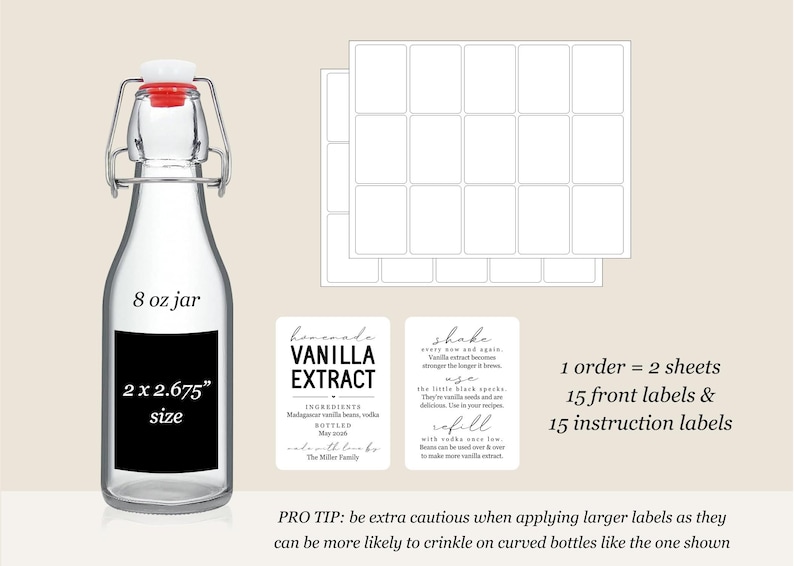 May include: A clear 237 ml glass jar with a swing-top lid featuring a red rubber seal, accompanied by two sheets of rectangular labels. The labels include text for homemade vanilla extract, ingredients, and instructions, measuring 5.08 x 6.79 cm.