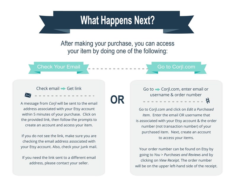 May include: A graphic illustration showing two ways to access your purchased item after making a purchase on Etsy. The first option is to check your email for a link from Corjl. The second option is to go to Corjl.com and enter your email or username and order number.