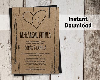 Printable Rehearsal Dinner Invitation Template, Rustic Tree Carved Initials, Kraft Paper, PDF Instant Download Digital File, Wedding Party