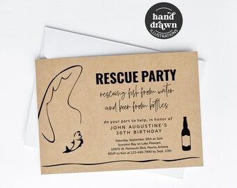 Men's Fishing Invitation Template, Printable Funny Adult Birthday Retirement Bachelor Party Invite Evite Digital Download, Rescue Party