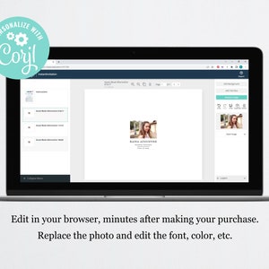 May include: A screenshot of a web browser showing a template for a graduation announcement. The template features a photo placeholder, text boxes for the graduate's name, degree, and school, and a customizable background. The text "PERSONALIZE WITH Coril" is visible in the top left corner of the image.