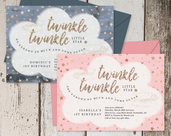 Printable Twinkle Twinkle Little Star Invitation Template - Girl Boy 1st First Twin Theme Birthday Party - Instant Download Digital File PDF