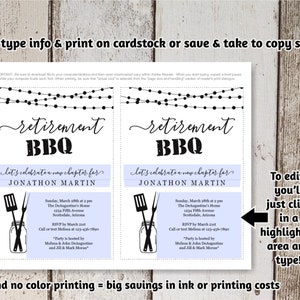 Op de afbeelding: Bewerkbare uitnodiging voor een afscheids BBQ met een zwart-wit ontwerp. De sjabloon bevat een lichtsnoer, een grill en een glazen pot. De tekst "retirement BBQ" is geschreven in een cursief lettertype. De tekst "Let's celebrate a new chapter for [Name]" is vetgedrukt. De sjabloon bevat ruimte voor de datum, tijd, locatie, RSVP-informatie en gastheer-informatie.
