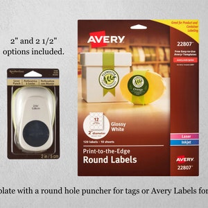 May include: A package of Avery 22807 glossy white round labels, 2 inches in diameter, with 12 labels per sheet. The package shows a gift box with a label on it. The package also includes a round hole punch for creating labels.