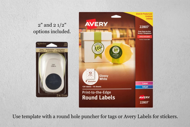 May include: A package of Avery 22807 glossy white round labels, 2 inches in diameter, with 12 labels per sheet. The package shows a gift box with a label on it. The package also includes a round hole punch for creating labels.